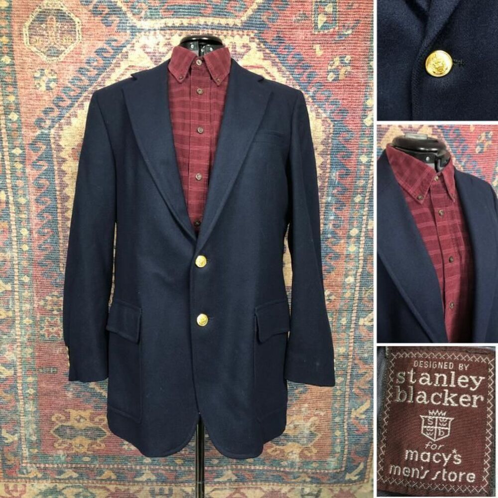 VTG Stanley Blacker Blazer Mens 42R Blue Gold Wool Tweed Sport Coat Suit Jacket